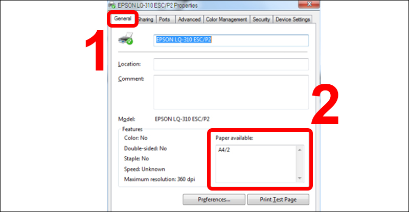 Kiểm tra lại khổ giấy trong tab General