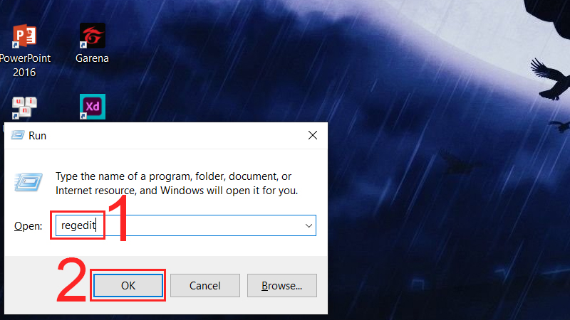 Nhấn tổ hợp ph&iacute;m Windows + R, nhập regedit 