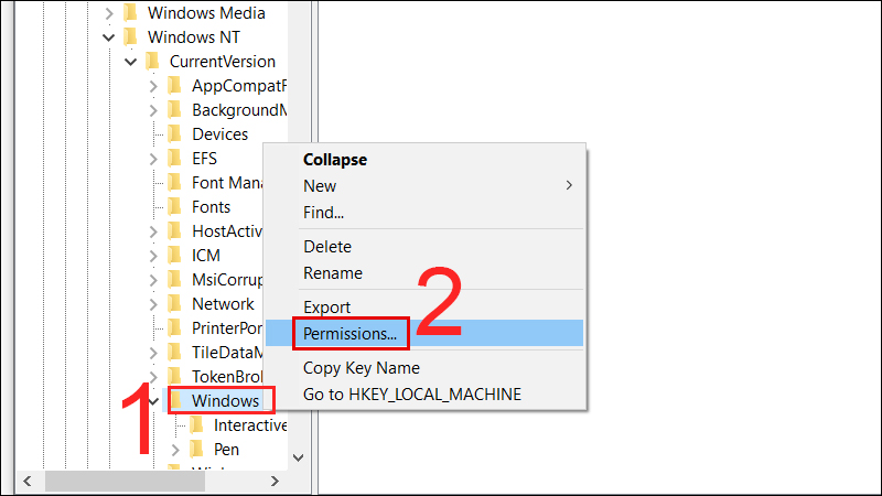 Bạn nhấn chuột phải v&agrave;o Windows, chọn Permissions để hiển thị ra
