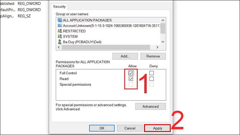 Bạn nhấn v&agrave;o phần Allow của Full Control v&agrave; Read 