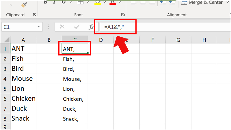 Cách thêm dấu phẩy vào cuối văn bản trong Excel
