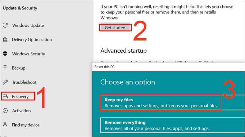  Chọn v&agrave;o Recovery, chọn Get started, chọn Keep my files 