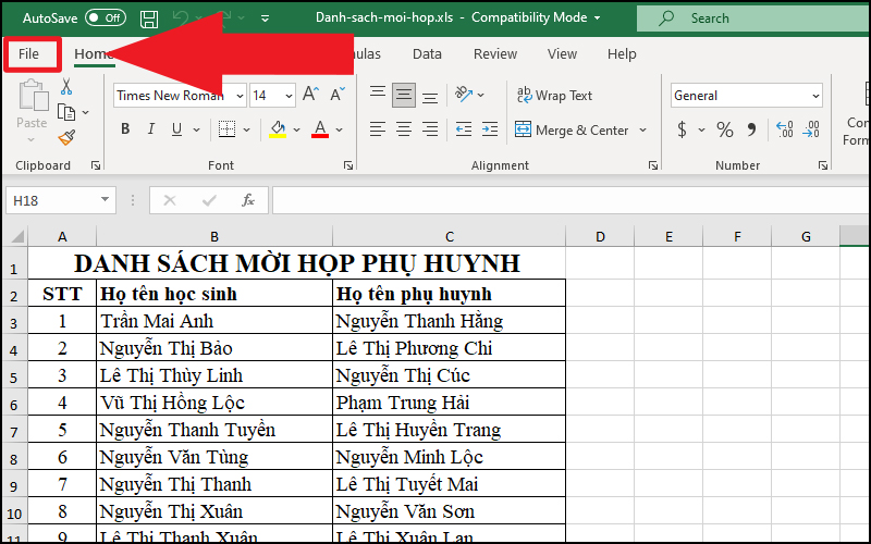 Chọn tab File 