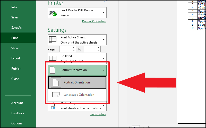 Chọn chế độ in khổ giấy ngang hoặc dọc