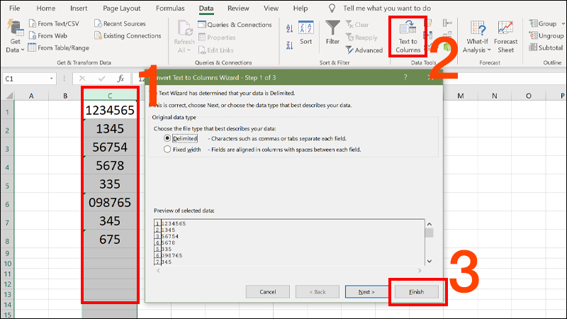 Chọn Text to Columns Nhấn Finish