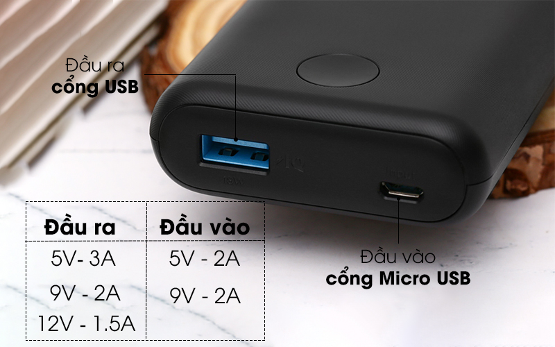 Pin sạc dự phòng Anker PowerCore II A1230 có đầu vào là cổng Micro USB, đầu vào là cổng USB