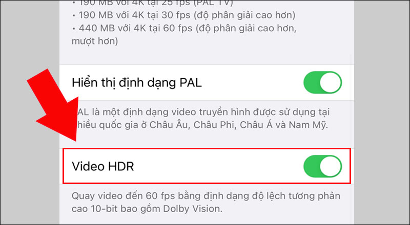 Gạt sang phải để kích hoạt Video HDR