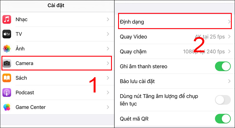 Chọn Máy ảnh và chọn Định dạng