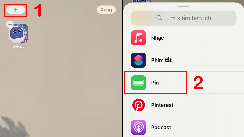 Nhấn dấu + và kéo xuống tìm Pin