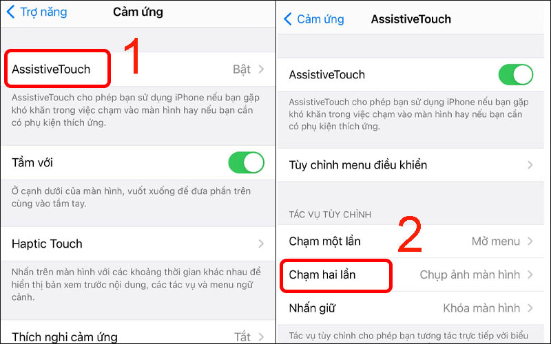 Chọn AssistiveTouch rồi nhấn vào Chạm 2 lần