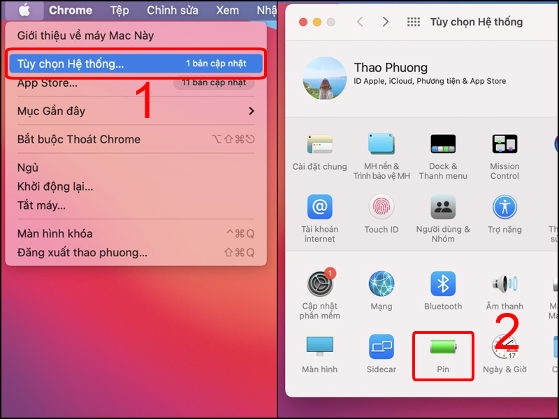 Vào Menu Quả táo > Tùy chọn hệ thống (System Preferences) > Chọn Pin (Battery)
