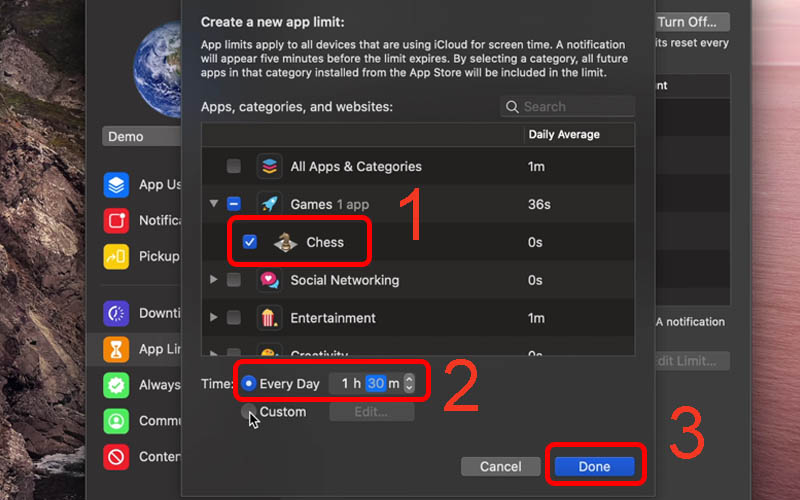 Tick v&agrave;o ứng dụng, đặt giới hạn thời gian rồi nhấn Done 