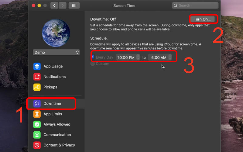 Nhấn v&agrave;o mục Downtime. nhấn v&agrave;o Turn On rồi tiến h&agrave;nh đặt lịch