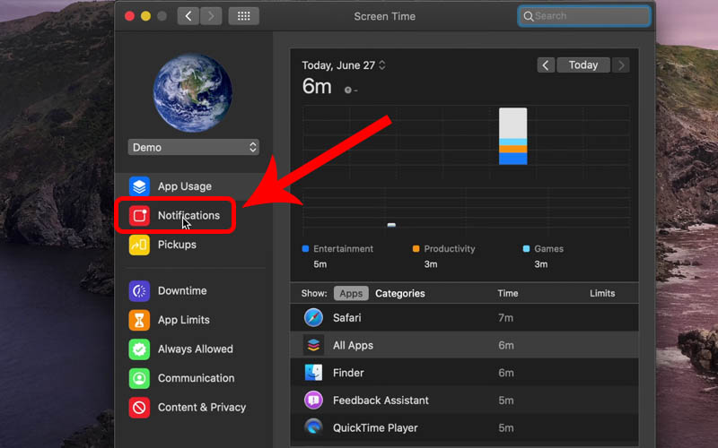 Nhấn v&agrave;o mục Notifications rồi tắt