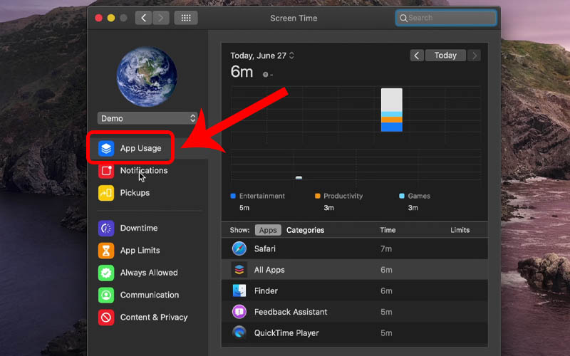 Chọn mục App Usage để kiểm tra việc sử dụng ứng dụng 