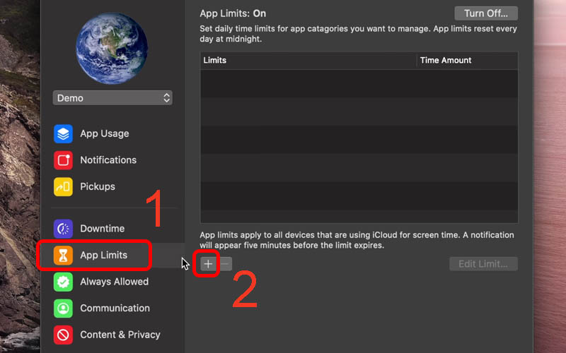 Nhấn v&agrave;o App Limits rồi chọn dấu +