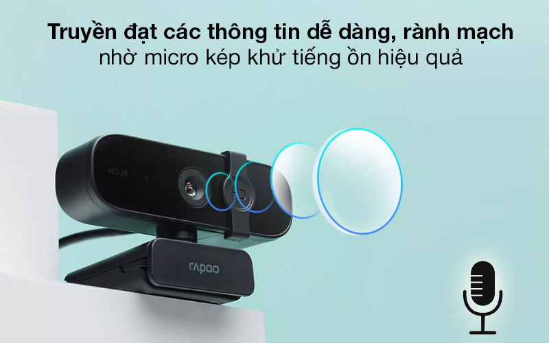 Webcam Rapoo được t&iacute;ch hợp micro k&eacute;p khử tiếng ồn, gi&uacute;p loại bỏ bớt tạp &acirc;m
