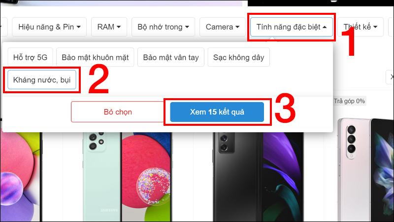 Chọn Kh&aacute;ng nước, bụi v&agrave; nhấn Xem kết quả