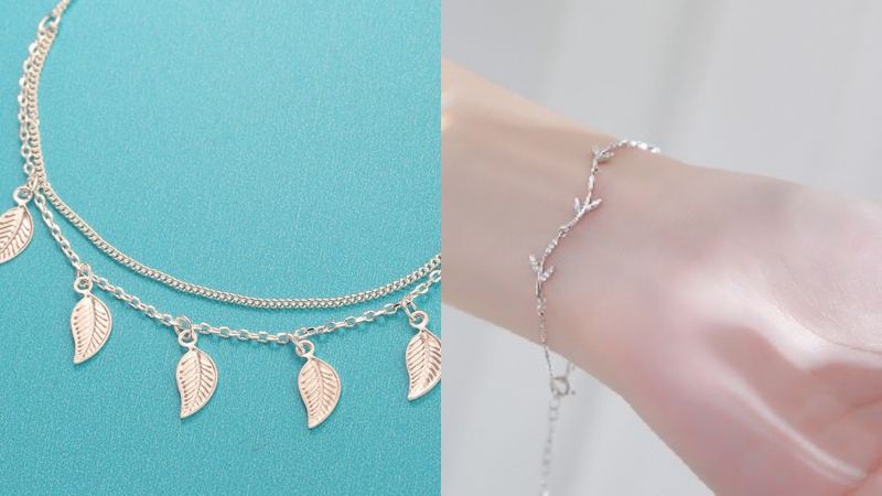 Lắc tay bạc nữ họa tiết lá nhỏ