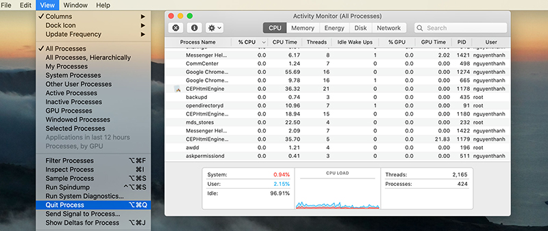 Bạn hãy sử dụng Activity Monitor để tắt các ứng dụng chạy ngầm trên máy đi