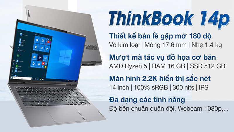 Lenovo ThinkBook 14p G2 ACH rất mỏng nhẹ với độ dày xấp xỉ 18 mm