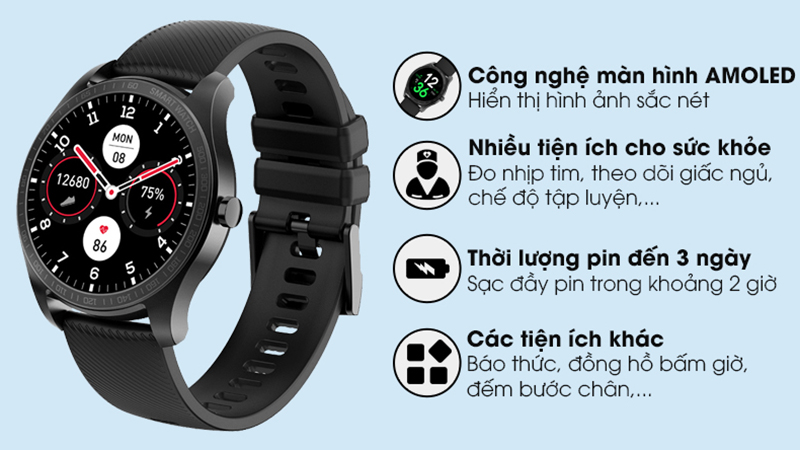 BeU Watch KW11 sở hữu màn hình AMOLED 1.2 inch và chuẩn kết nối Bluetooth 5.0