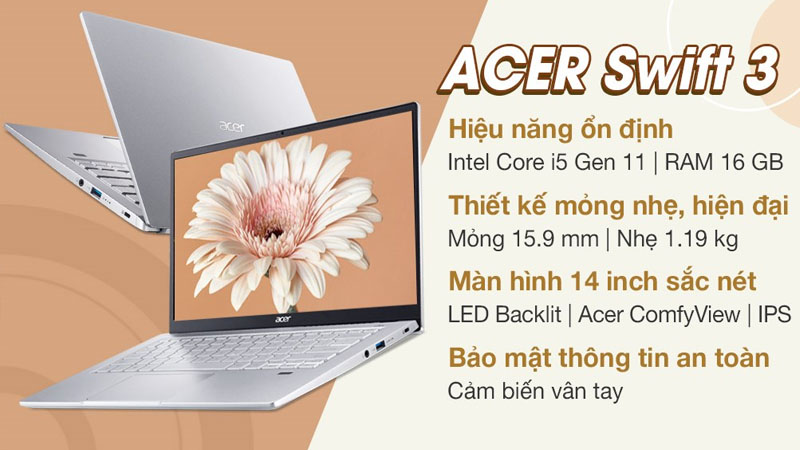 Laptop Acer Swift 3 trang bị RAM 16 GB