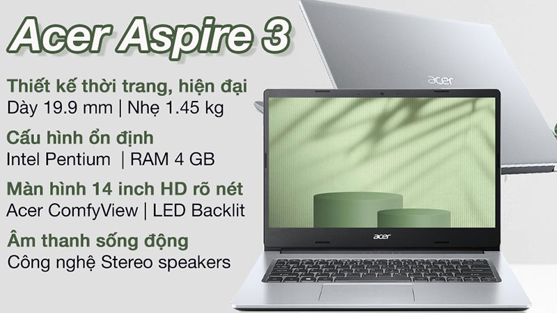 Laptop Acer Aspire 3 được làm bằng nhựa bền bỉ, gọn nhẹ