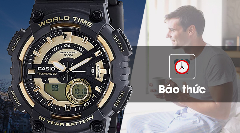Đồng hồ Nam Casio AEQ-110BW-9AVDF tích hợp tính năng báo thức thuận tiện