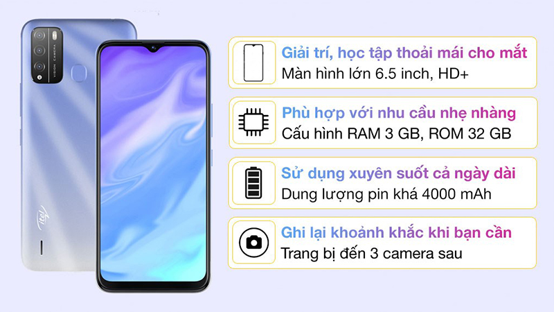 Itel L6502 l&agrave; phi&ecirc;n bản cao cấp với mặt lưng nhựa phủ họa tiết v&acirc;n s&aacute;ng, k&egrave;m logo Itel