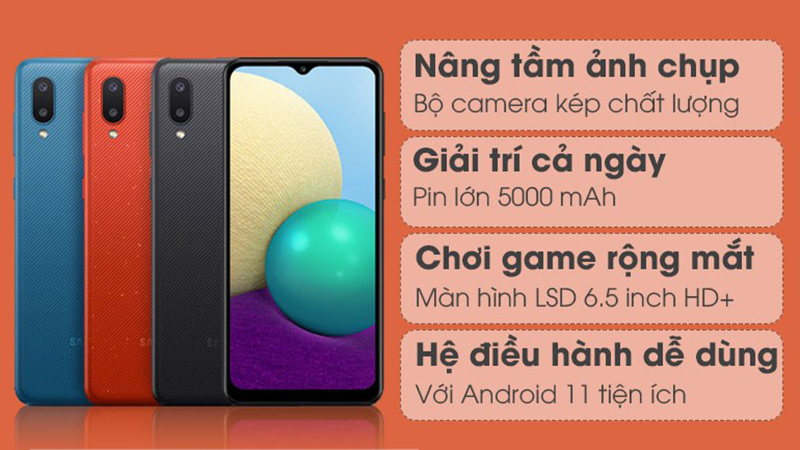 Samsung Galaxy A02 l&agrave; smartphone qu&aacute; tốt trong tầm gi&aacute;, với ng&ocirc;n ngữ thiết kế trẻ trung v&agrave; cấu h&igrave;nh ổn định