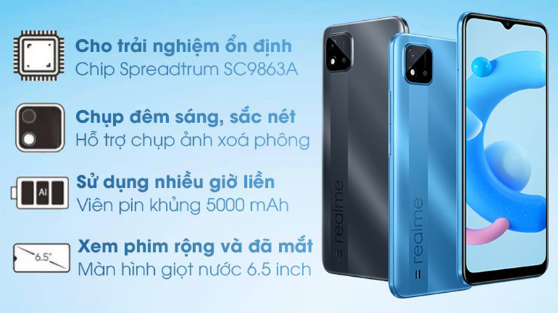 Điện thoại Realme C11 có thiết kế mỏng nhẹ và dung lượng pin trâu