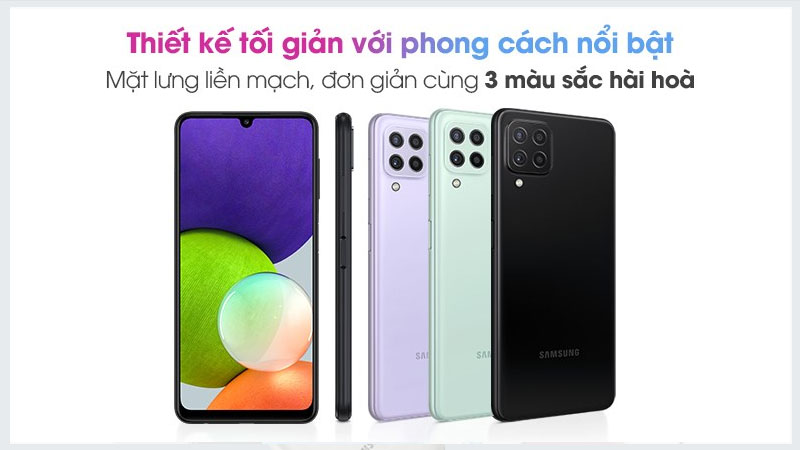 Samsung Galaxy A22 với 3 phiên bản màu xanh lá, tím, đen