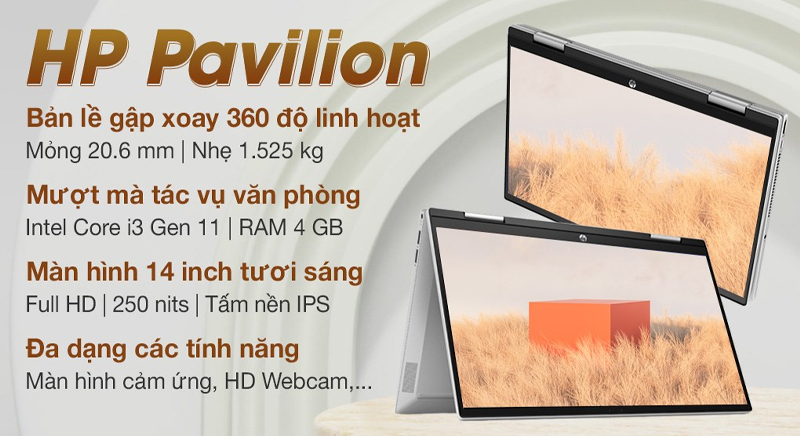 Laptop HP Pavilion X360 thiết kế sang trọng với tông màu bạc tinh tế
