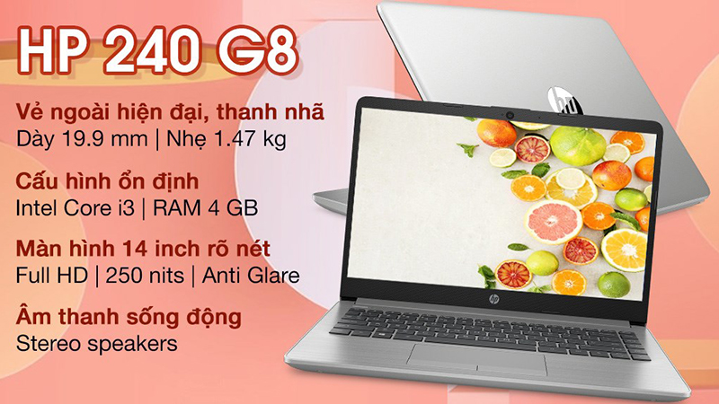 HP 240 G8 i3 vẫn có ngoại hình quen thuộc là vẻ trang nhã, bền bỉ cùng logo HP in chìm