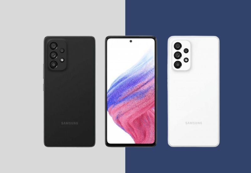 Thiết kế mặt trước và mặt sau Galaxy A53 với khung viền khá mỏng và bo tròn