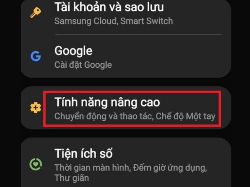 Chọn mục t&iacute;nh năng n&acirc;ng cao