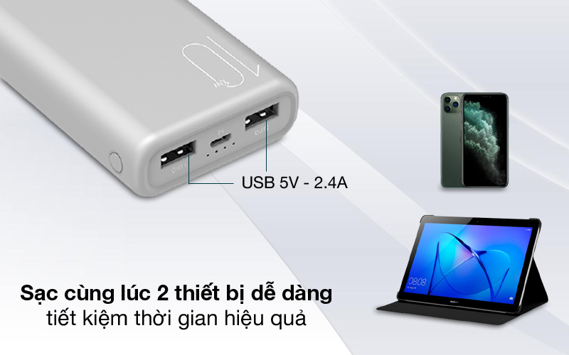 Sạc dự phòng với thiết kế 2 cổng vô cùng tiện lợi