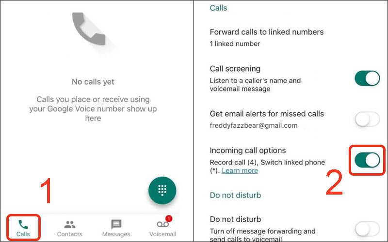 Nhấn vào mục Call rồi kích hoạt mục Incoming call options