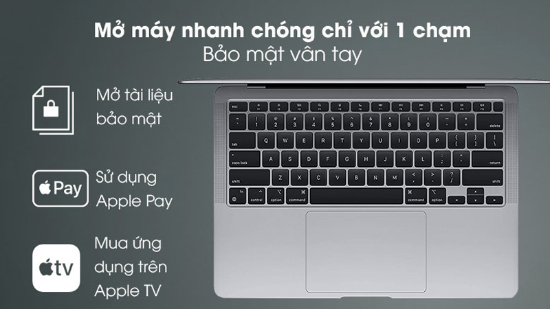 C&ocirc;ng nghệ cảm biến v&acirc;n tay được MacBook t&iacute;ch hợp gọn g&agrave;ng tr&ecirc;n b&agrave;n ph&iacute;m