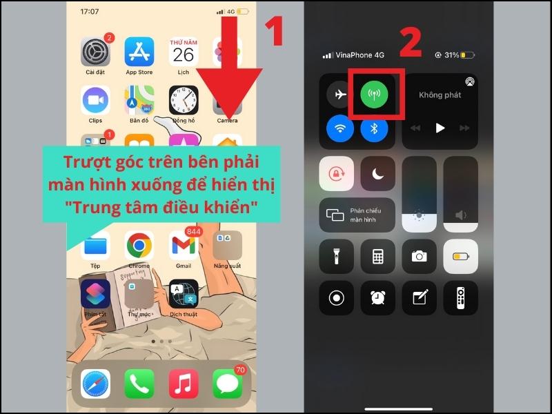 Tạo điểm truy cập c&aacute; nh&acirc;n bằng trung t&acirc;m điều khiển ở m&agrave;n h&igrave;nh ch&iacute;nh