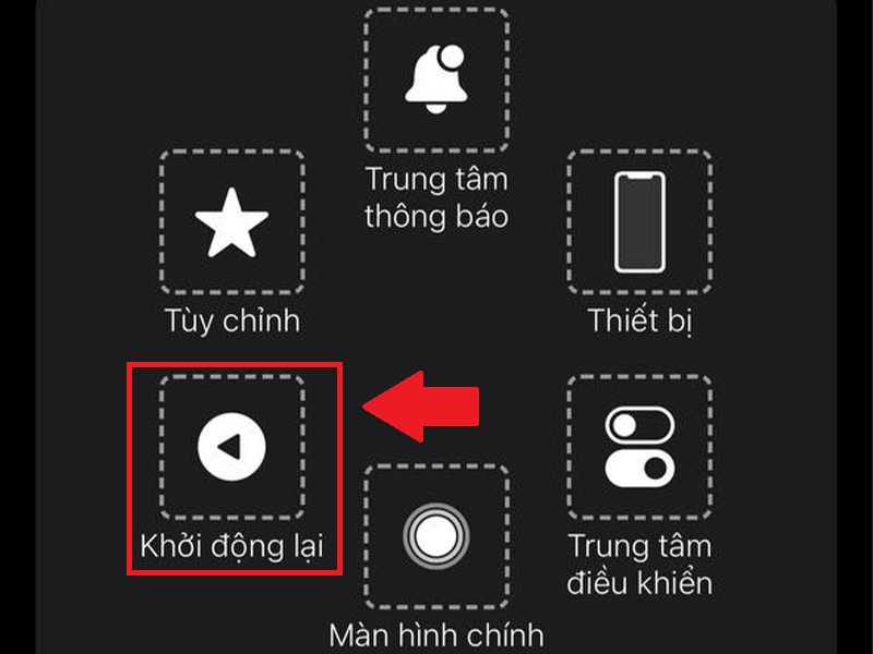 Chọn tính năng Khởi động lại trong tùy chỉnh AssistiveTouch