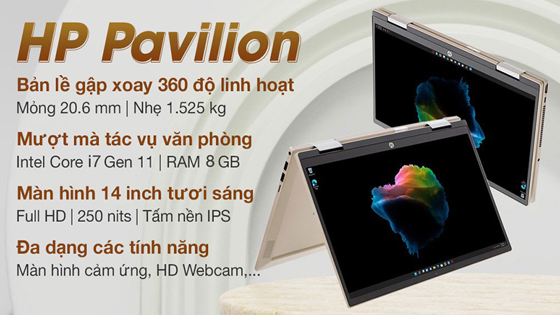 HP Pavilion x360 14 dy0075TU i7 là chiếc laptop 2 trong 1 có thiết kế trang nhã, mỏng nhẹ