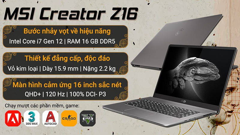 MSI Creator Z16 A12UET c&oacute; ngoại h&igrave;nh cao cấp, vu&ocirc;ng vắn cũng như sắc sảo