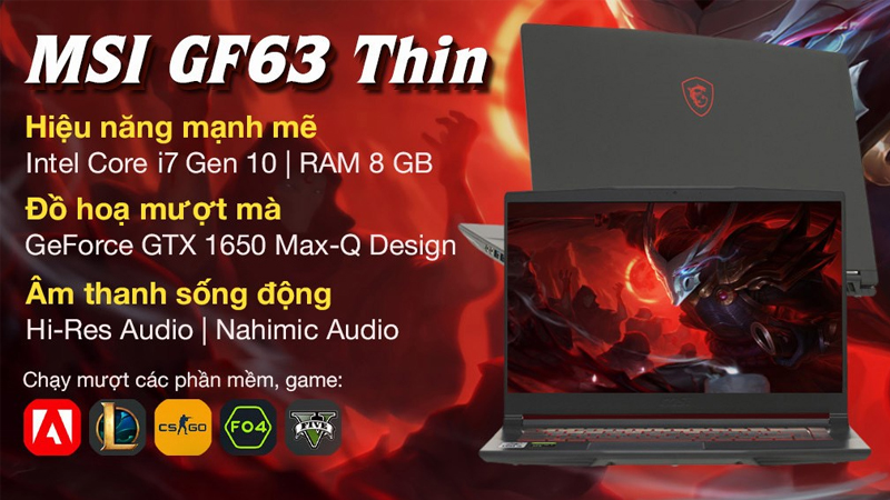 Laptop MSI Gaming GF63 Thin 10SC sở hữu hiệu năng mạnh mẽ