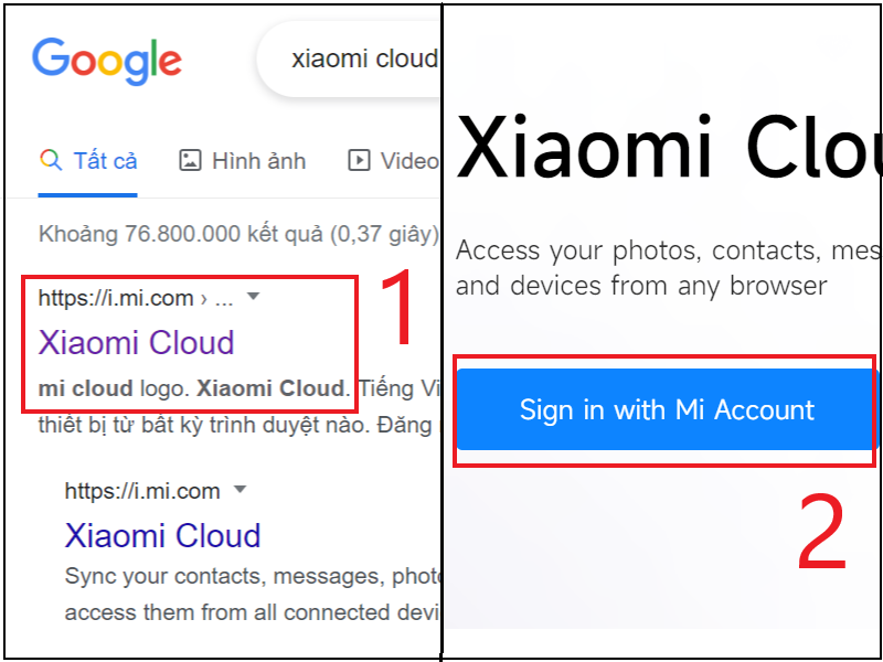 Đăng nhập tài khoản Mi để truy cập vào Xiaomi Cloud