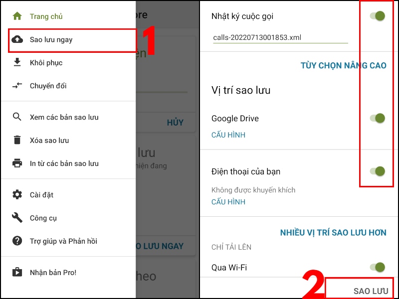 Nhấn nút Cài đặt > Sao lưu ngay > Chọn Vị trí sao lưu > Nhấn Sao lưu