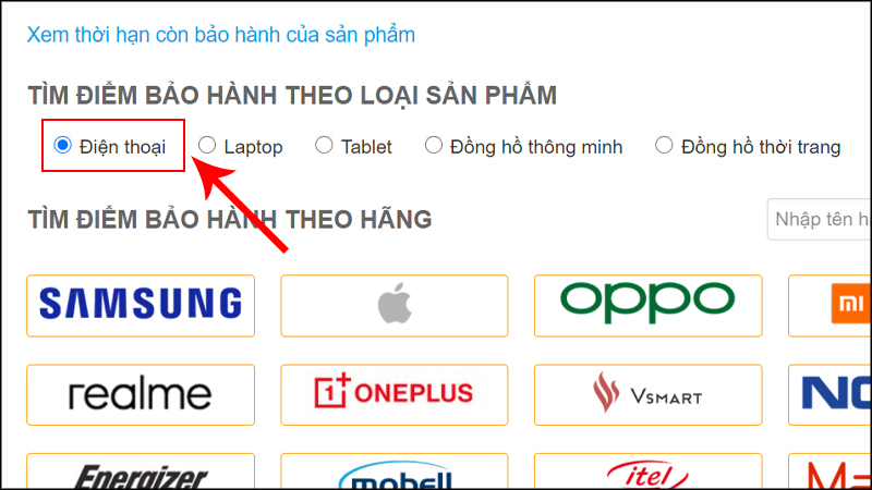 Chọn vào sản phẩm bạn muốn bảo hành