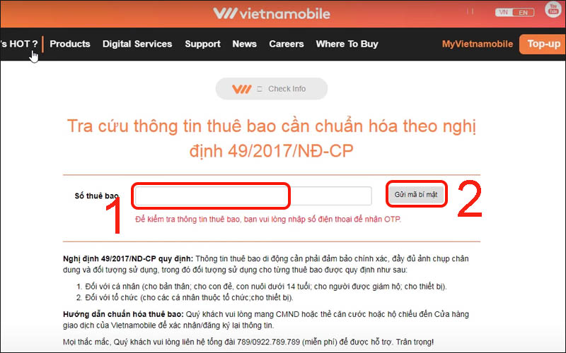 Nhập Số thuê bao rồi nhấn vào Gửi mã bí mật