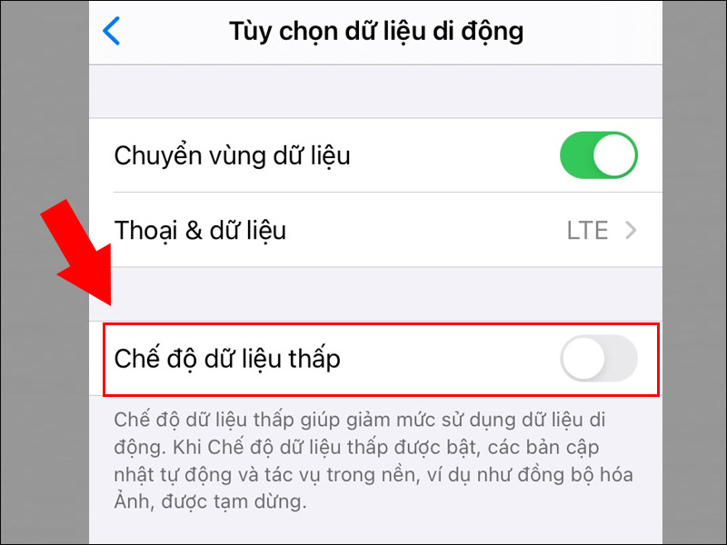 Gạt sang trái để tắt Chế độ dữ liệu thấp